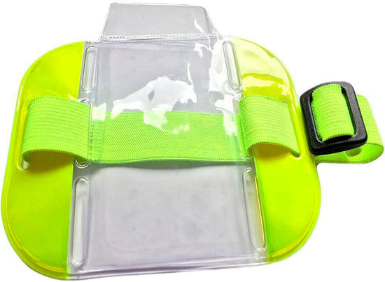 Yellow overarm I.D. holder with hi visibility properties