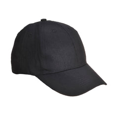 Black Portwest six panel baseball cap. Baseball cap has a front peak, six panels and breathable holes on the top for ventilation. 