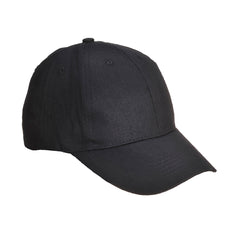 Black Portwest six panel baseball cap. Baseball cap has a front peak, six panels and breathable holes on the top for ventilation.