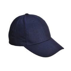 Navy Portwest six panel baseball cap. Baseball cap has a front peak, six panels and breathable holes on the top for ventilation. 