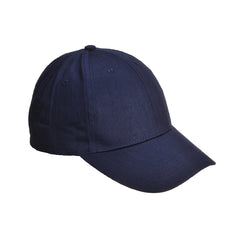 Navy Portwest six panel baseball cap. Baseball cap has a front peak, six panels and breathable holes on the top for ventilation.