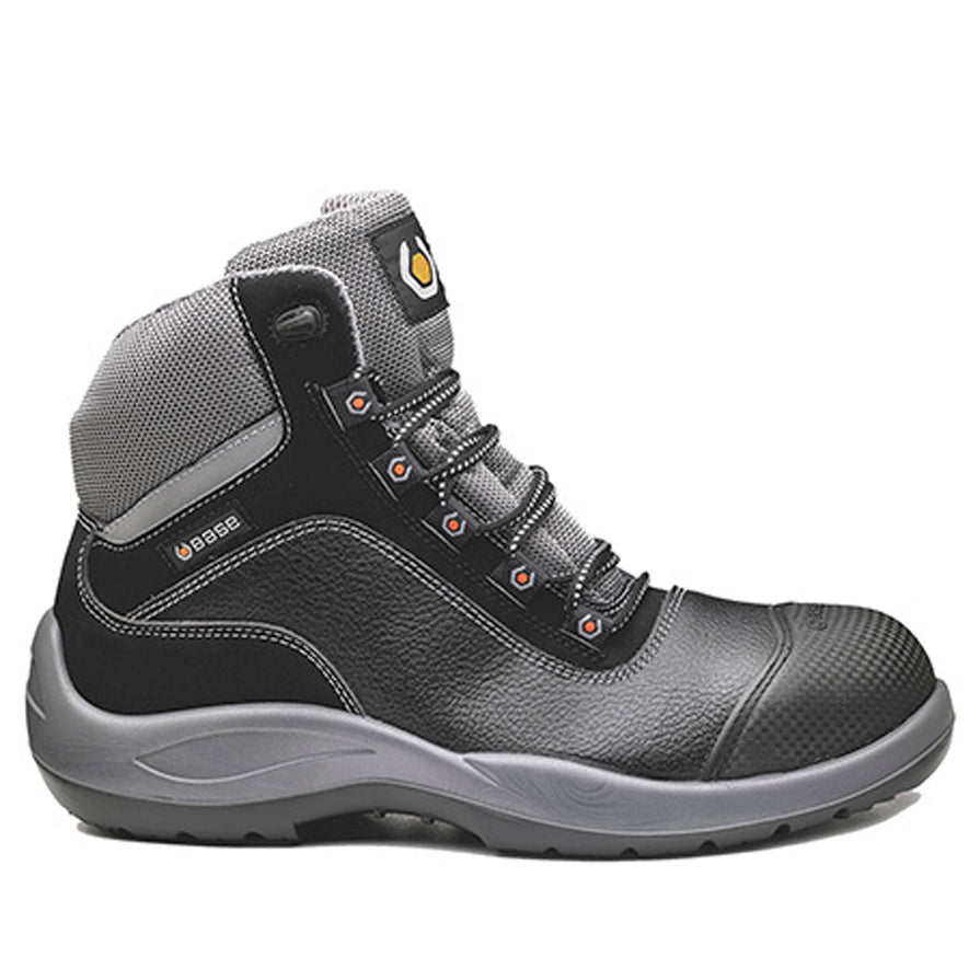 Black Base Beethoven Safety Boot. Boot has a black sole, Grey Sole upper, Black scuff cap and Black laces. Boot has base branding and grey contrast through out.