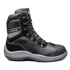 Grey Base Bach Safety Boots. Boot has a grey sole, lighter grey sole upper, Protective toe, Black scuff cap, black and grey laces. Boot also has base branding.