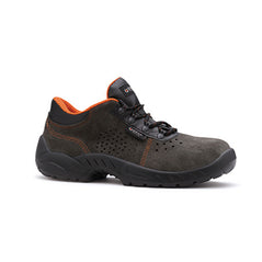 Black Base Opera Safety Trainer with a protective toe and Orange contrast on the stitching and inner.