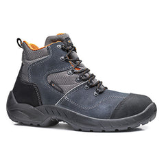 Base Dammtor Safety Boot in Blue and Orange with a black scuff cap, protective toe and grey mesh