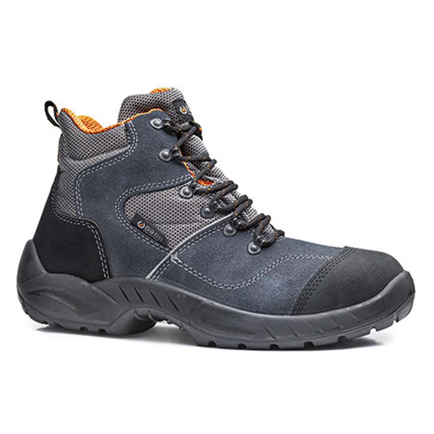 Base Dammtor Safety Boot in Blue and Orange with a black scuff cap, protective toe and grey mesh