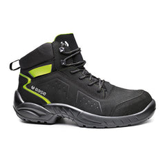 Black Chester Top Safety Boot With black laces, a black sole, and green contrast from Base.
