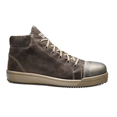 Brown and Cream Base Oak Safety Boot with a protective toe, Scuff cap and Cream contrast on the side of the sole and Laces.