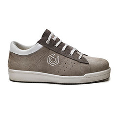 Brown and White Base Pixel Safety Shoe with a protective toe, contrast on the side of the sole, Ankle area and Laces.