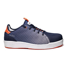 Blue , White and Orange Base Wake Safety trainer with a protective toe, scuff cap and contrast on the sides and sole of the trainer with a textured finish.