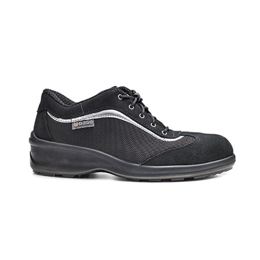 Black Base Ladies Iris Safety Trainer with a protective toe, and white contrast on the side of the trainer.
