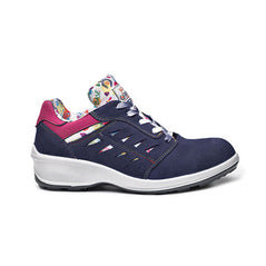 Blue, White and Pink Base Ladies Kate Safety trainer with a protective toe, flower patterned tongue and contrast on the top and sole of the trainer.