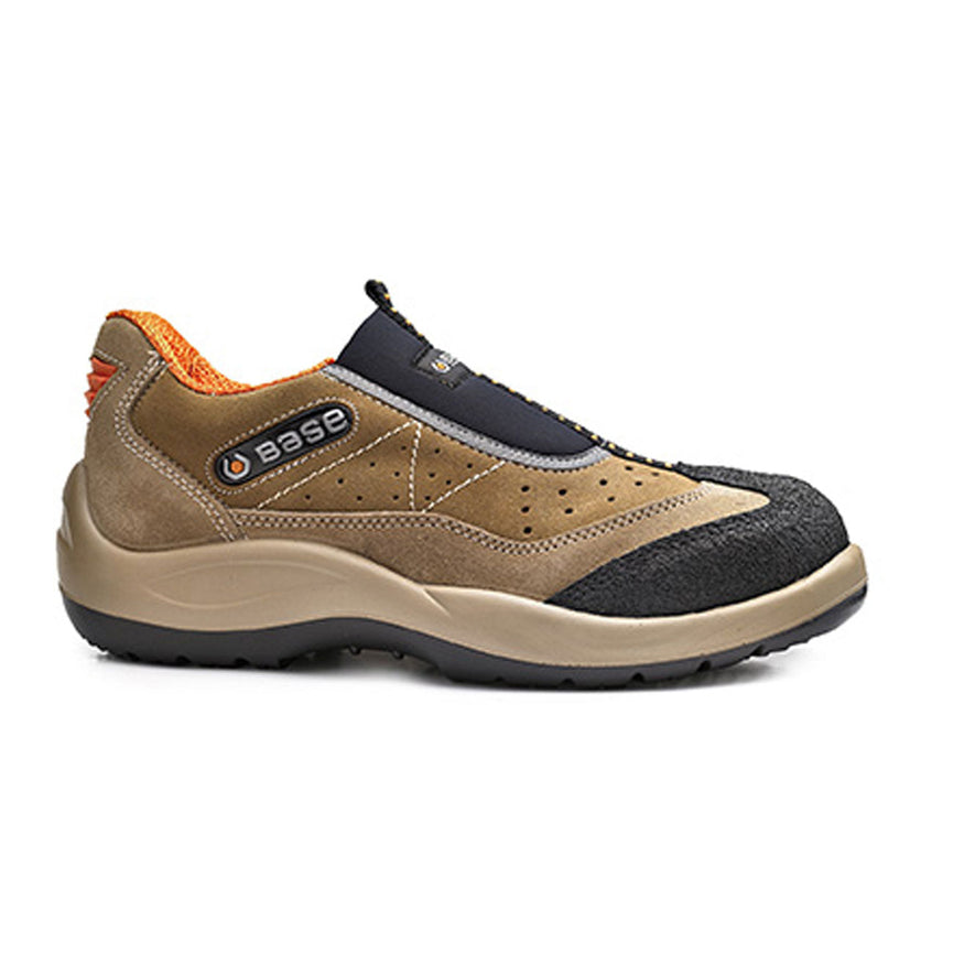 Tan Base Arena Safety slip on Shoe. Shoe has a black sole, Protective toe with black scuff cap, and the shoe also has base branding.
