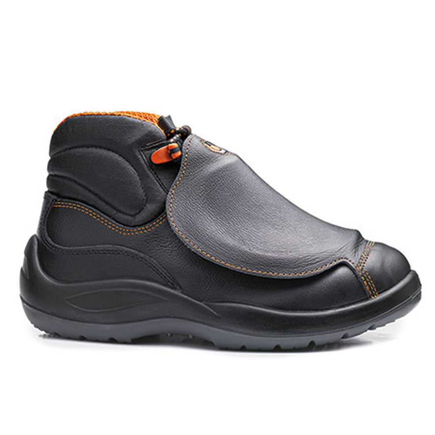 Black and Orange Base Metatarsal Protection Safety Boot with a protective toe, Metatarsal protective cover and orange contrast on the stitching of the boot.