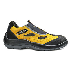 Black And Yellow Four Holes Slip On Safety Shoe With a protective toe, black Scuff cap and sole from Base.