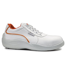 White and orange Cobalto safety shoe with protective toe and white shoelaces. Boot is from Base.