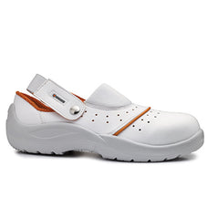 White Base Osmio Slip On Safety Sandal With Protective Toe, heel fasten and an orange contrast on the edges of stitching.