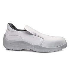 White base Cadmio Slip on Safety Shoe. Shoe has a protective toe, White sole and is slip on for ease to take off. Shoe has base branding and a front tongue flap cover. 
