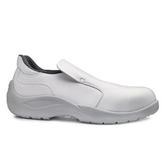 White base Cadmio Slip on Safety Shoe. Shoe has a protective toe, White sole and is slip on for ease to take off. Shoe has base branding and a front tongue flap cover.