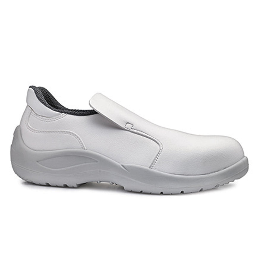 White base Cadmio Slip on Safety Shoe. Shoe has a protective toe, White sole and is slip on for ease to take off. Shoe has base branding and a front tongue flap cover.