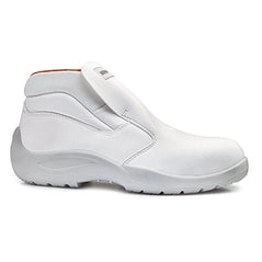 White Base Argo Slip On Safety Shoe. Shoe has a white sole, Protective toe and also has base branding.