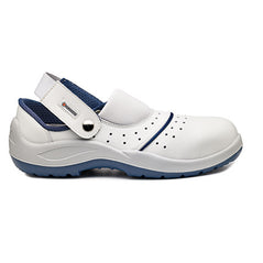 White Base Bario Slip On Safety Sandal. Sandal has a blue sole, Protective toe, Sandal also has base branding. and holes for breathability.