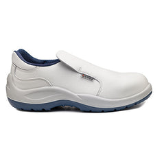 White Base Litio Slip On Safety Shoe With Protective Toe and Navy Sole.