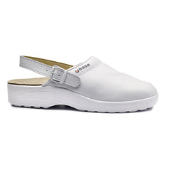 White Base Radon Slip On Safety Sandal With Protective Toe, heel fasten and base branding.
