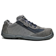 Grey Base Soccer Safety Trainer with a protective toe, Scuff cap and Blue stitching as well as laces for contrast.