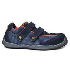 Blue Base Swim Sandal with a protective toe, scuff cap and contrast in orange and grey throughout with velcro fasten.