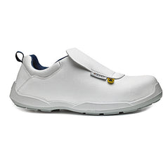 White base Bob Slip on Safety Shoe. Shoe has a protective toe, White sole and is slip on for ease to take off. Shoe has base branding and a front tongue flap cover. 