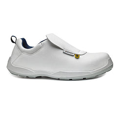 White base Bob Slip on Safety Shoe. Shoe has a protective toe, White sole and is slip on for ease to take off. Shoe has base branding and a front tongue flap cover.