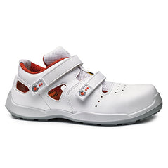 White Base Sky Safety Sandal With Protective Toe, Velcro fasten and Orange inner contrast.
