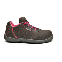 Grey Base Attitude Womens Safety Trainer. Trainer has a grey sole, Protective toe, Pink laces and pink contrast throughout. Trainer also has base branding.