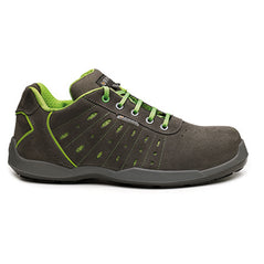 Grey Base Ace Safety Trainer. Trainer has a grey sole, Protective toe, Green laces and green contrast throughout. Trainer also has base branding.