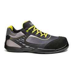 Base Bowling/Tennis Safety Trainer. Trainer has a black sole, Black scuff cap, Grey, Black and yellow mid andYellow laces. Boot has base branding through out. 