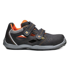 Black and orange Base Judo Safety Sandal with a protective toe, and grey contrast on the side of the trainer with velcro fasten.