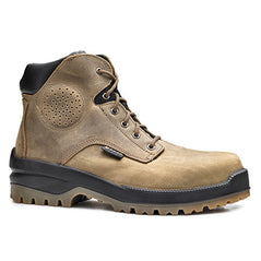 Tan Base Buffalo Top Safety Boot. Boot has a Tan sole, Black sole upper and tan laces. Boot has base branding and black ankle area.