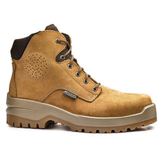 Honey Base Camel Top Safety Boot. Boot has a honey sole, tan sole upper and tan laces. Boot has base branding and brown ankle area.
