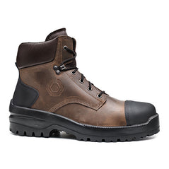 Brown Base Bison Top Safety Boot. Boot has a Black sole, Black sole upper and black laces. Boot has base branding and Black contrast through out.