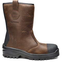 Base Elk Rigger Boot In Brown with black sole, Scuff cap on the toe and ankle area. Boot has rigger attachments on the top.