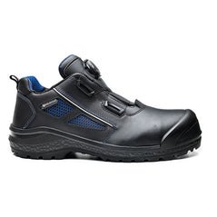 Black Base Be Fast Safety Shoe. Shoe has a Black sole, Protective toe, Black scuff cap, black Boa tighten . Boot also has base branding and blue mesh contrast.