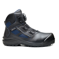 Black Base Be Fast Top Safety Boot. Boot has a Black sole, Protective toe, Black scuff cap, black Boa tighten . Boot also has base branding and blue mesh contrast.