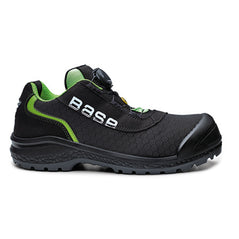Black Base Be Ready Safety Boot. Boot has a black sole, Black sole upper, black scuff cap and black BOA fasten. Boot has base branding and Green contrast through out.