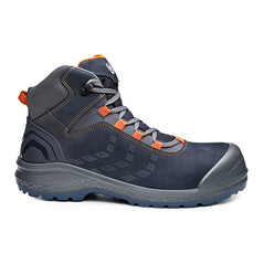 Black Base Be Dynamic Safety Boots. Boot has blue sole, Grey sole upper, Protective toe, Grey scuff cap, grey laces. Boot also has base branding and orange base contrast stitching.