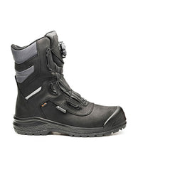 Black Base Be Oslo High Leg Safety Boot. Boot has a black sole, Black sole upper, black scuff cap and black BOA fasten. Boot has base branding and grey contrast through out.