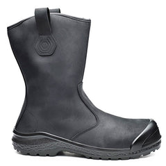 Black Base Be Mighty/ Be Extreme Safety Rigger Boots. Boot has a black sole, Protective toe, Black scuff cap and black rigger attachment. Boot also has base branding.
