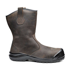 Brown Base Be Mighty/ Be Extreme Safety Rigger Boots. Boot has a black sole, Protective toe, Black scuff cap and black rigger attachment. Boot also has base branding.
