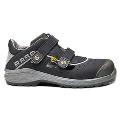 Black Base Be Fresh Safety Sandal. Sandal has a black sole, Grey sole upper, black scuff cap and velcro fasten. Sandal has base branding and grey contrast through out as well as mesh perforated area for breathability.