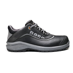 Black Base Be Free Safety Trainer. Trainer has a black sole, Grey sole upper, black scuff cap and grey laces. Trainer has base branding and grey contrast through out.